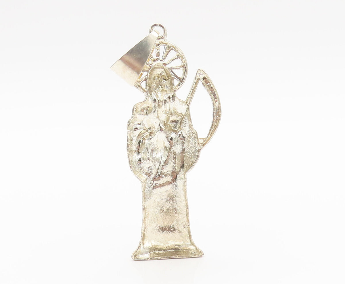 925 Sterling Silver  Vintage Carved Grim Reaper Religious Pendant  PT22364