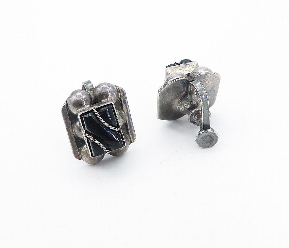 MEXICO 925 Silver  Vintage Black Onyx Rope Twist Non Pierce Earrings  EG3099