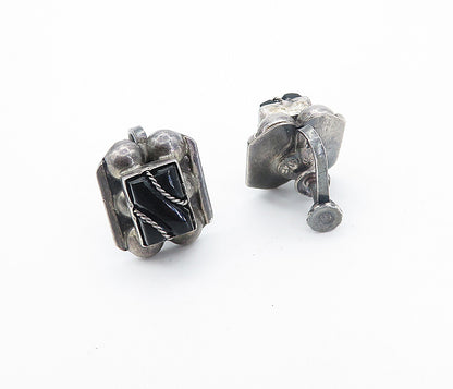 MEXICO 925 Silver  Vintage Black Onyx Rope Twist Non Pierce Earrings  EG3099