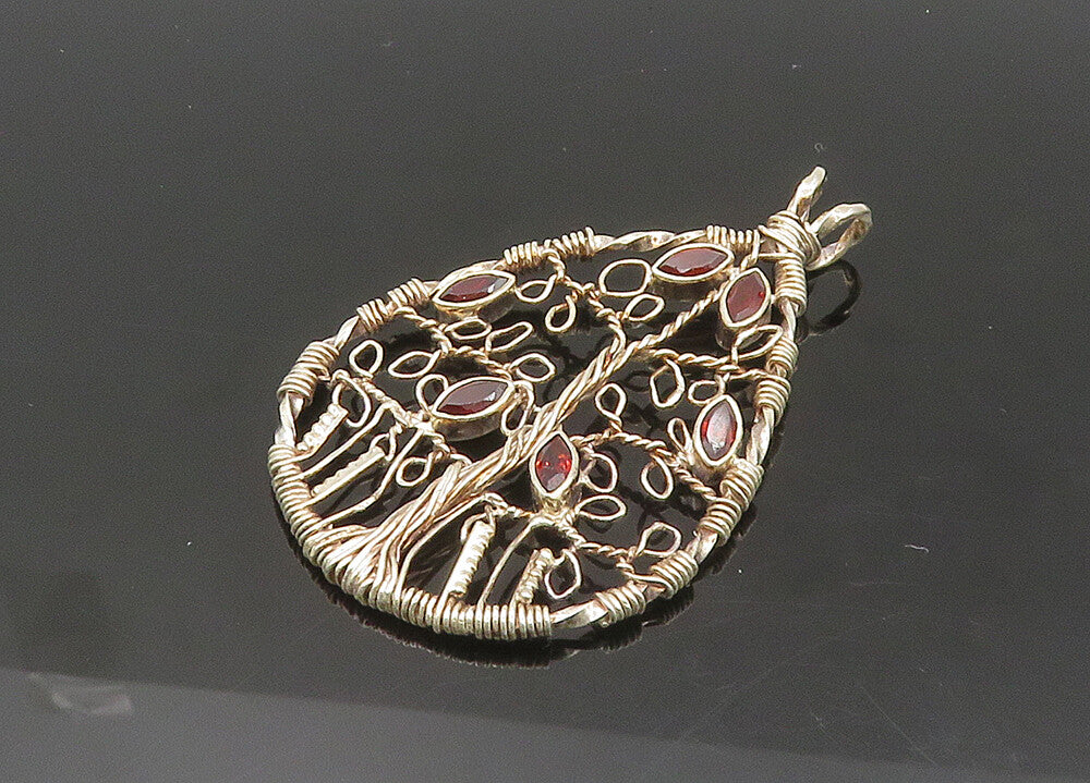 925 Sterling Silver  Vintage Garnet Tree Of Life Wire Twist Pendant  PT16607