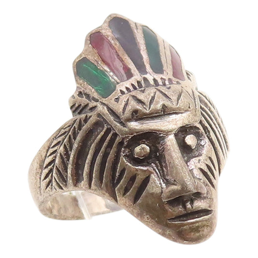 925 Sterling Silver Vintage Ring Enamel Warrior Headdress Motif  Sz 7  RG35416