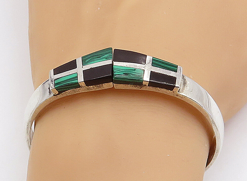 MEXICO 925 Sterling Silver  Vintage Malachite & Onyx Bangle Bracelet  BT1456