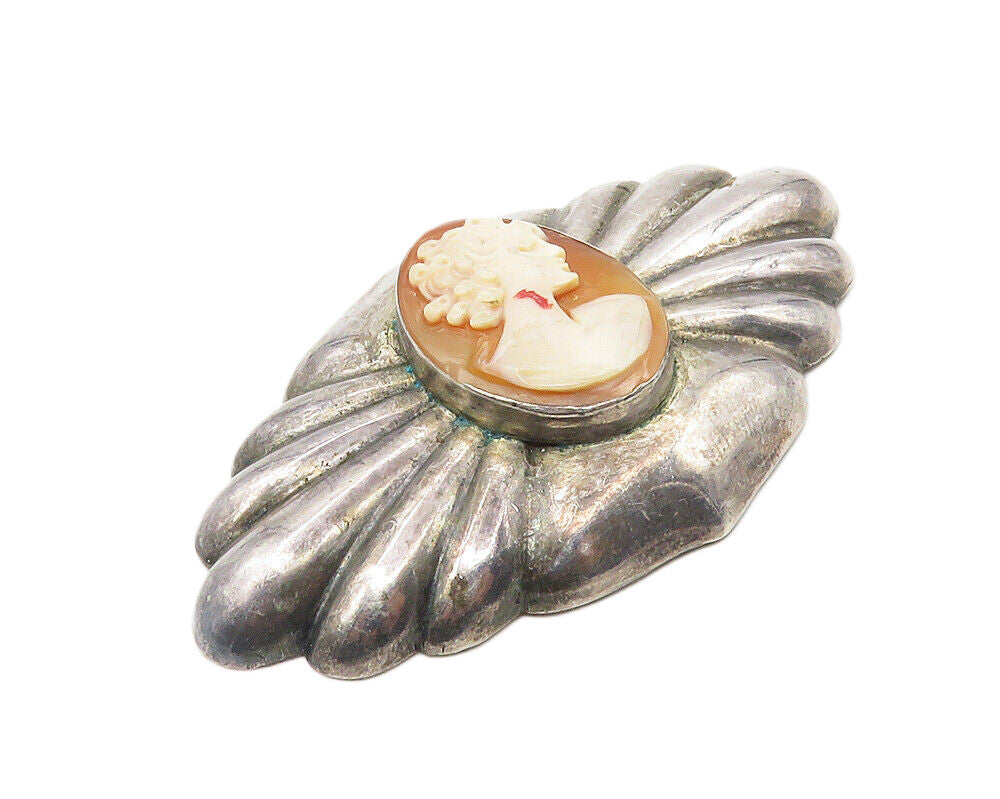 925 Sterling Silver  Vintage Carved Woman Fluted Cameo Brooch Pin  BP3734