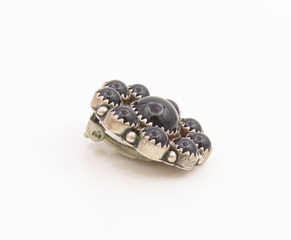 925 Sterling Silver Vintage Earrings NAVAJO Cabochon Onyx Floral Clip On EG14088