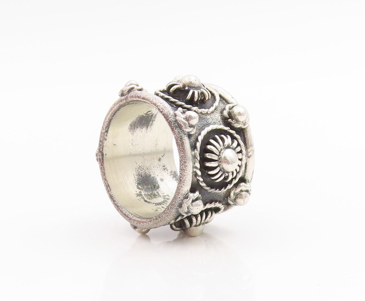 925 Sterling Silver Vintage Ring Beaded Floral Motif Wide Band  Sz 5  RG33769