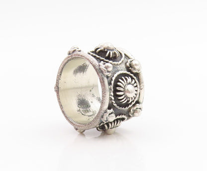 925 Sterling Silver Vintage Ring Beaded Floral Motif Wide Band  Sz 5  RG33769