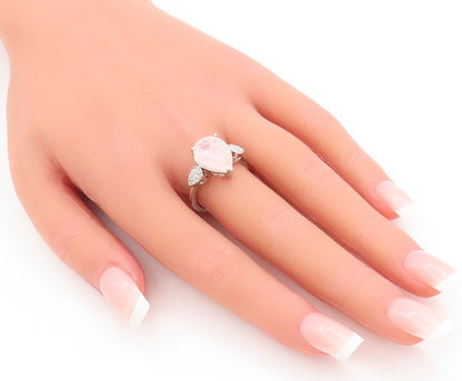 925 Sterling Silver Vintage Ring Drop Cut Rose Quartz & Diamonds  Sz 8  RG29235