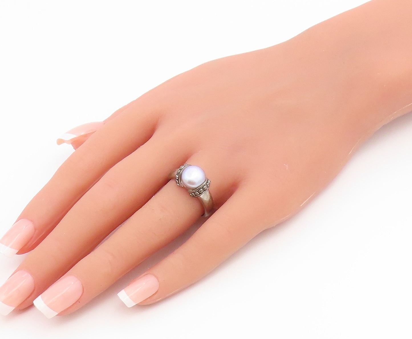 925 Sterling Silver Vintage Ring Classic Pearl Statement Band  Sz 8  RG36818