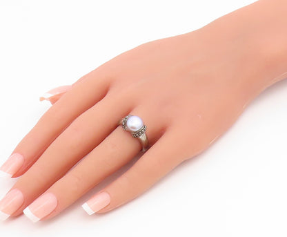 925 Sterling Silver Vintage Ring Classic Pearl Statement Band  Sz 8  RG36818