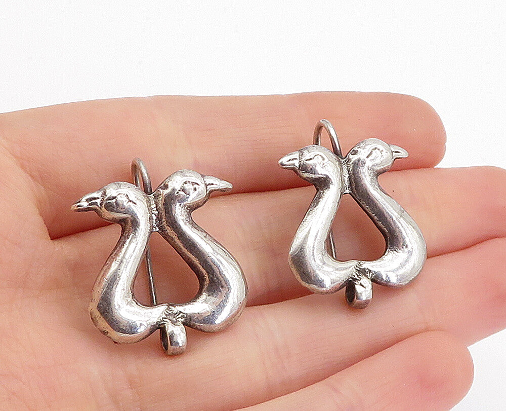 925 Sterling Silver Vintage Shiny Double Swan's Head Drop Earrings EG2403