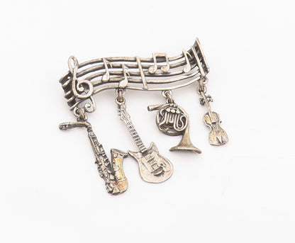 925 Sterling Silver Vintage Brooch Musical Notes & Instrument Charm Pin  BP12058