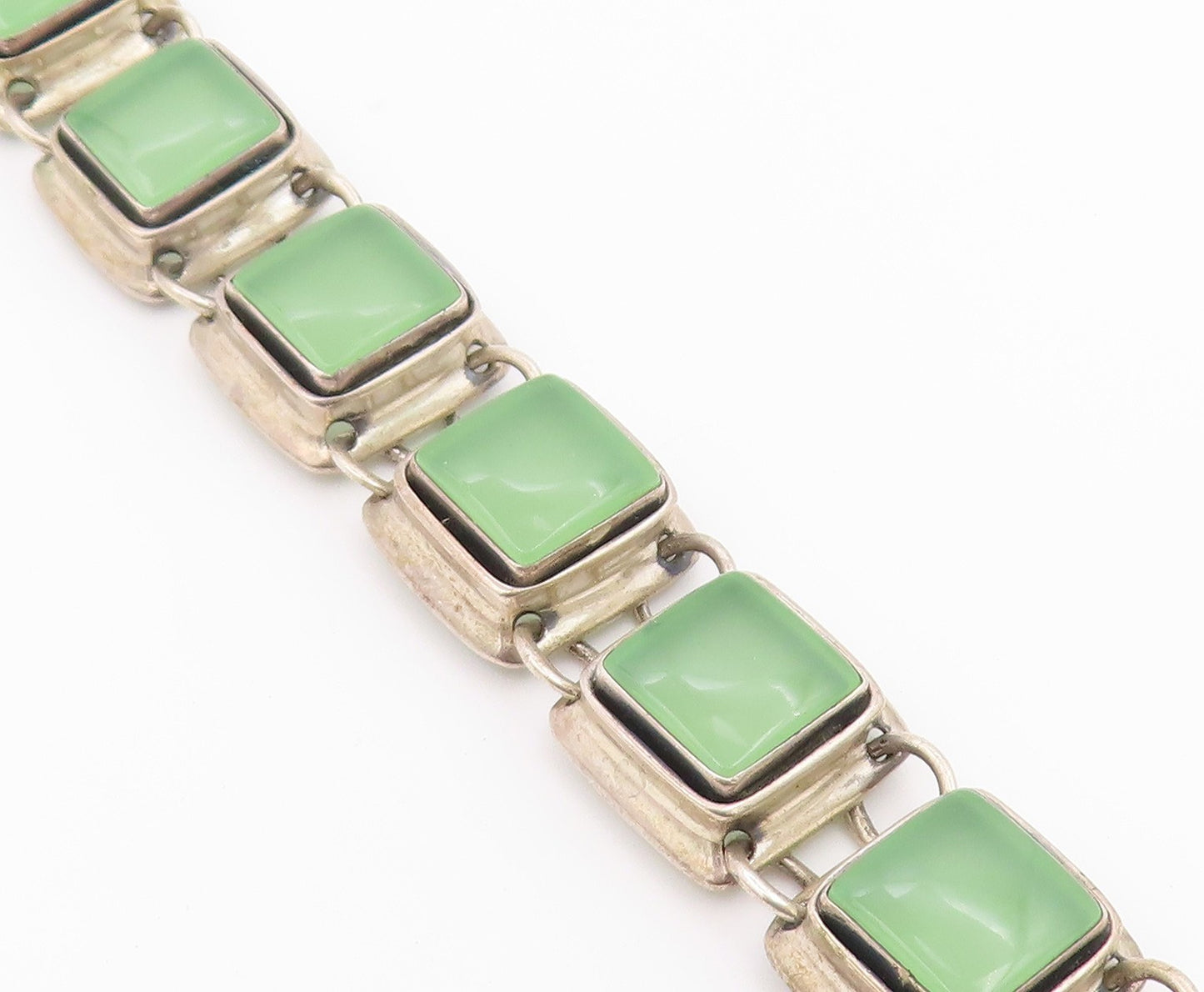 925 Sterling Silver Vintage Bracelet POLAND Jade Geometric Square Link  BT12175