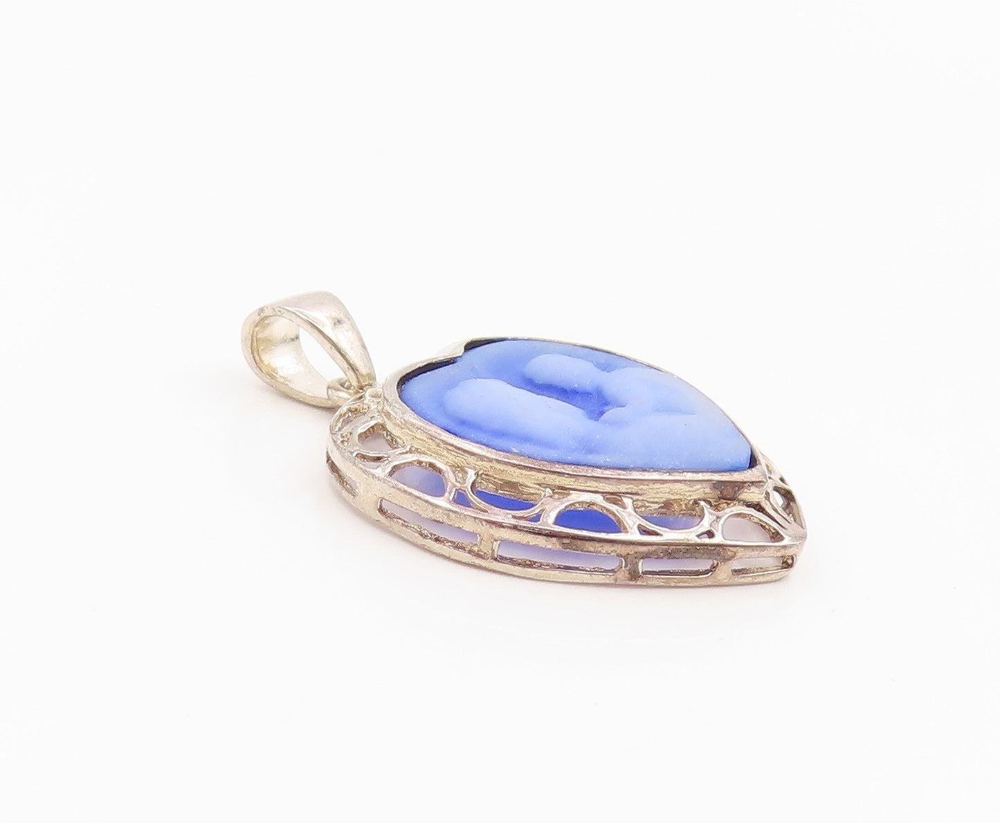 925 Sterling Silver Vintage Pendant Blue Agate Mother & Baby Cameo Charm PT25987