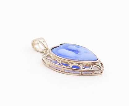925 Sterling Silver Vintage Pendant Blue Agate Mother & Baby Cameo Charm PT25987