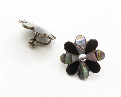 MEXICO 925 Silver  Vintage Black Onyx & Abalone Non Pierce Earrings  EG6812