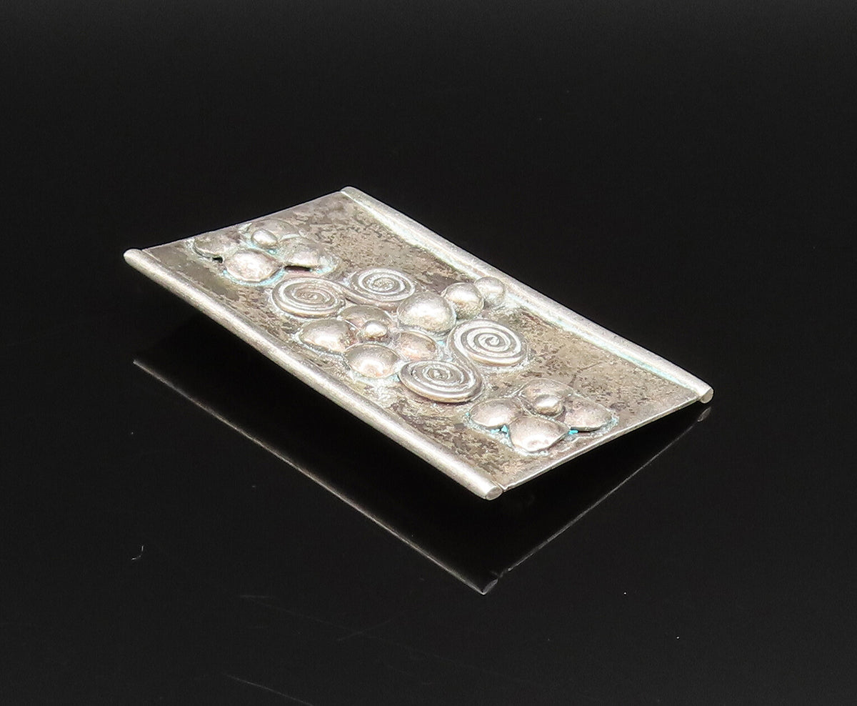 925 Silver  Vintage Floral Beaded & Spirals Rectangle Brooch Pin  BP9700