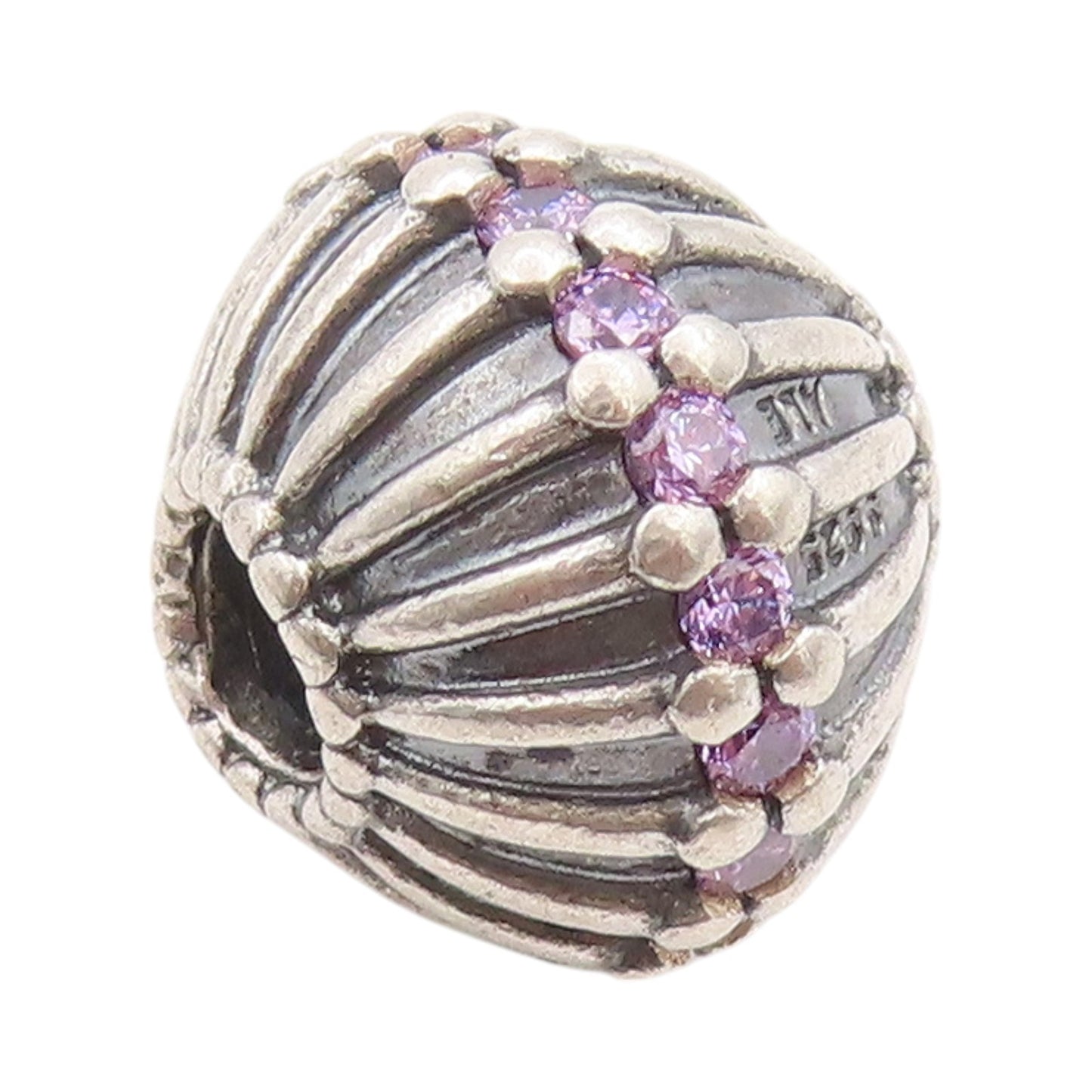 925 Sterling Silver Vintage Pendant PANDORA Amethyst Inlay Etched Sphere PT24548