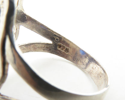 925 Sterling Silver  Vintage Blue Stone Floral Cocktail Ring Sz 8  RG18308