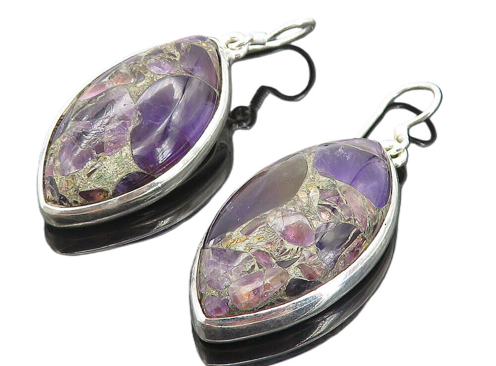 925 Sterling Silver  Amethyst Mosaic Pointed Oval Dangle Earrings  EG3925
