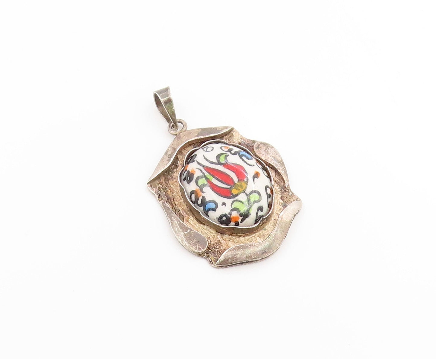 925 Sterling Silver Vintage Pendant Classic Ceramic Tulip Flower Charm  PT26108