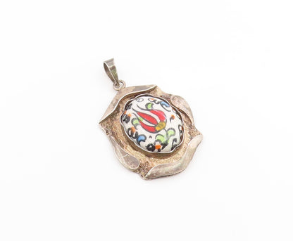 925 Sterling Silver Vintage Pendant Classic Ceramic Tulip Flower Charm  PT26108