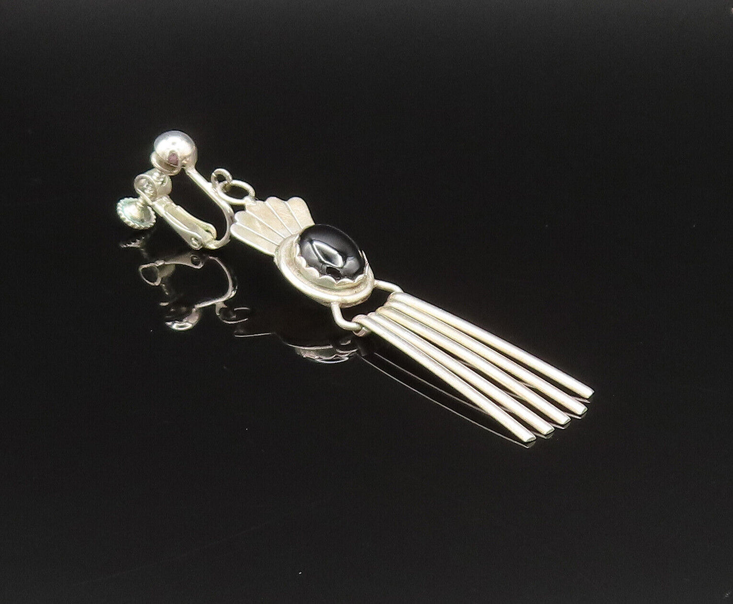 NAVAJO 925 Silver  Vintage Black Onyx Bar Dangle Screw Back Earrings  EG11950