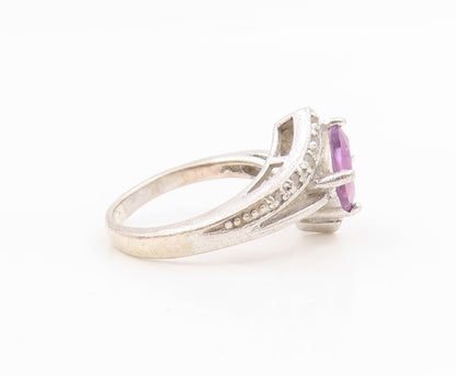 925 Sterling Silver Vintage Ring Real Diamonds & Amethyst Bypass  Sz 6  RG34874
