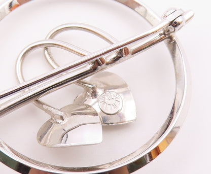 925 Sterling Silver  Vintage Shiny Double Love Hearts Round Brooch Pin  BP8600