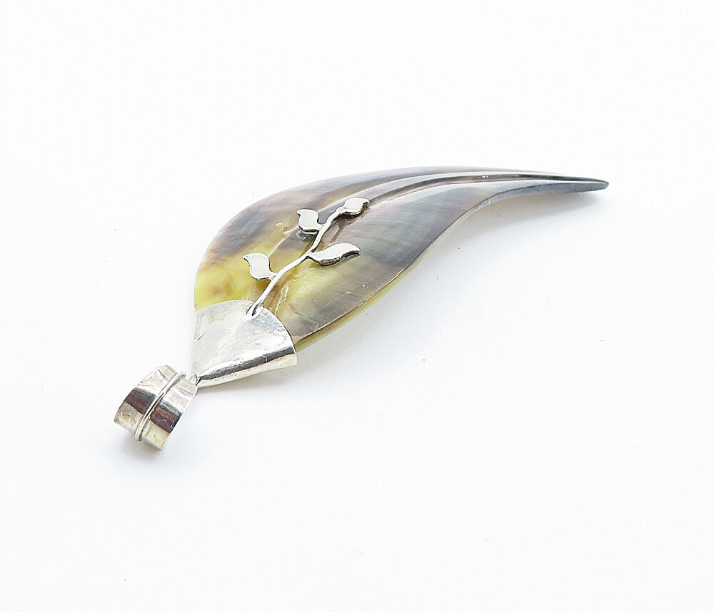 925 Sterling Silver  Vintage Mother Of Pearl Single Leaf Vine Pendant  PT6077