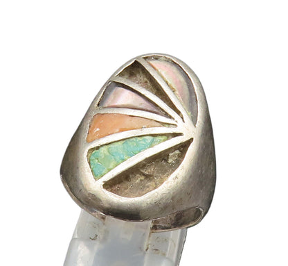 ZUNI NAVAJO 925 Silver  Vintage Turquoise Abalone Signet Ring Sz 10  RG24751