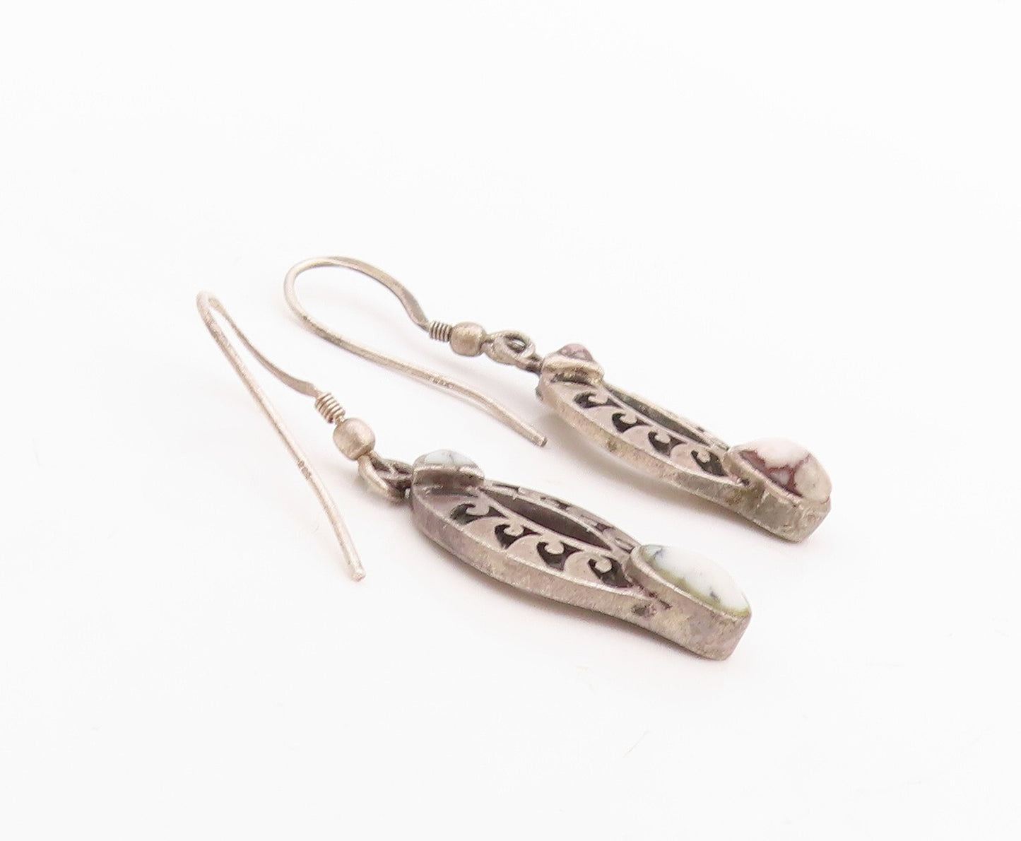 925 Sterling Silver Vintage Earrings Dark Tone Trible Carved Gemstone  EG13244
