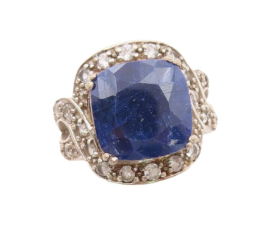 925 Sterling Silver Vintage Ring Square Cut Sapphire & Topaz Inlay Sz 5  RG30671