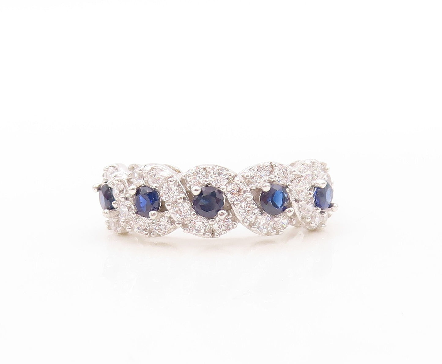 925 Sterling Silver Vintage Ring Sapphire & CZ Flower Band  Sz 7  RG30941