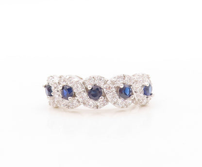 925 Sterling Silver Vintage Ring Sapphire & CZ Flower Band  Sz 7  RG30941