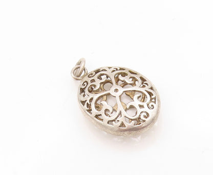 925 Sterling Silver Vintage Pendant Solid Oval Swirly Hearts Cutout  PT23672