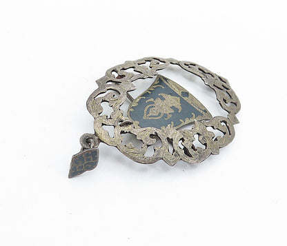 SIAM 925 Silver  Vintage Antique Niello Dangling Bell Brooch Pin  BP2169