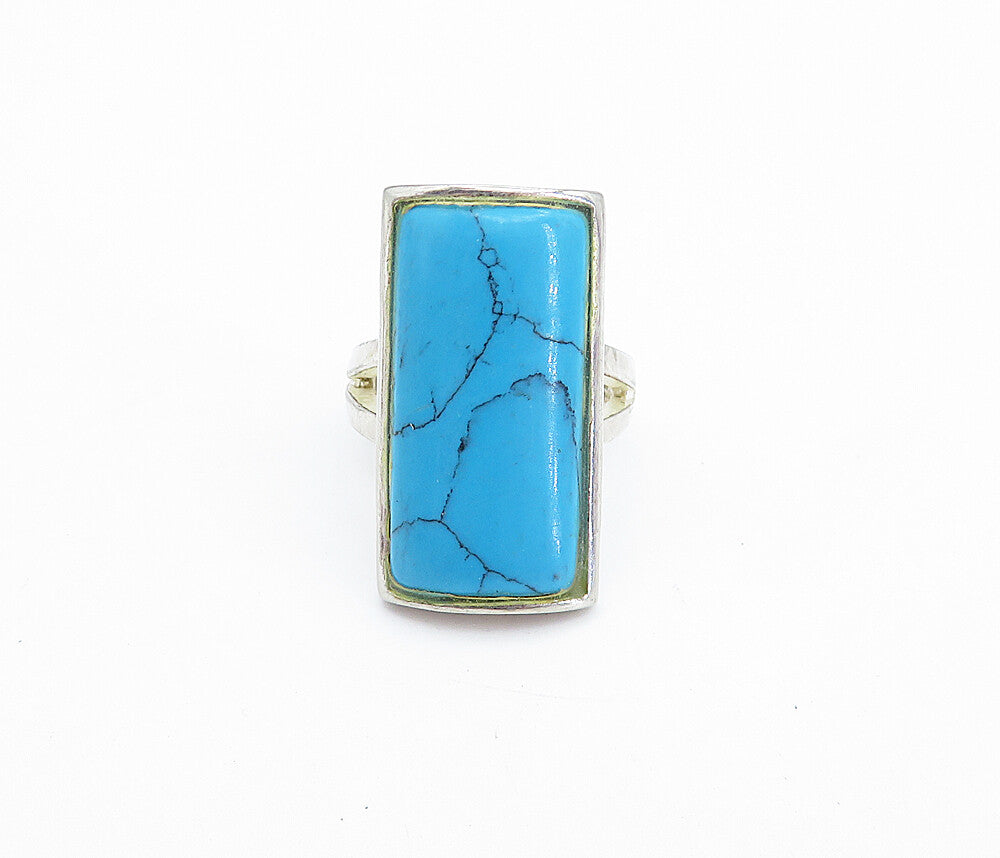 925 Sterling Silver  Turquoise Square Split Band Cocktail Ring Sz 5.5  RG7386