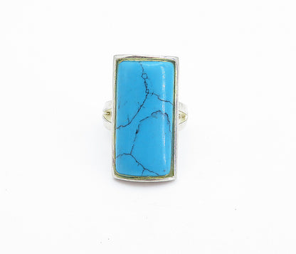 925 Sterling Silver  Turquoise Square Split Band Cocktail Ring Sz 5.5  RG7386