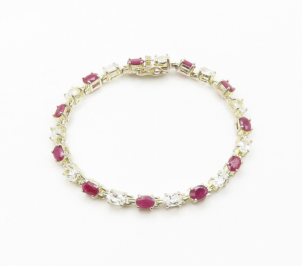 925 Sterling Silver  Shiny Prong Set Ruby & Topaz Chain Bracelet  BT5949