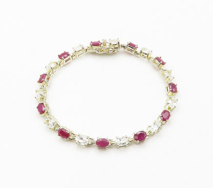925 Sterling Silver  Shiny Prong Set Ruby & Topaz Chain Bracelet  BT5949
