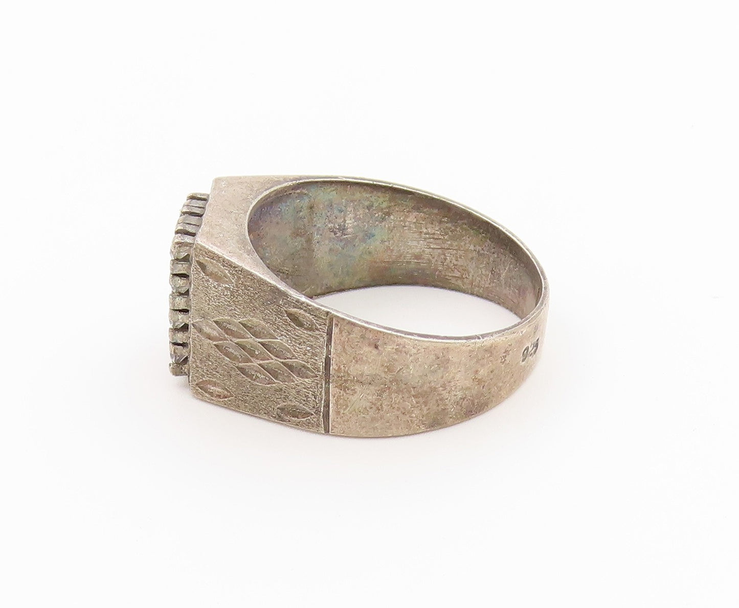 925 Sterling Silver Vintage Ring CZ Etched Geometric Grid Band  Sz 11.5  RG36871