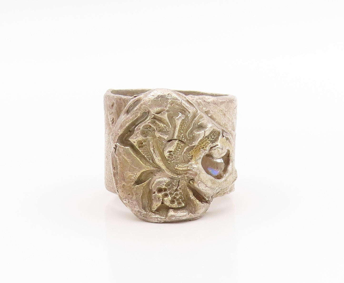 925 Sterling Silver Vintage Ring Stone Brutalist Design Band  Sz 8.5  RG34614