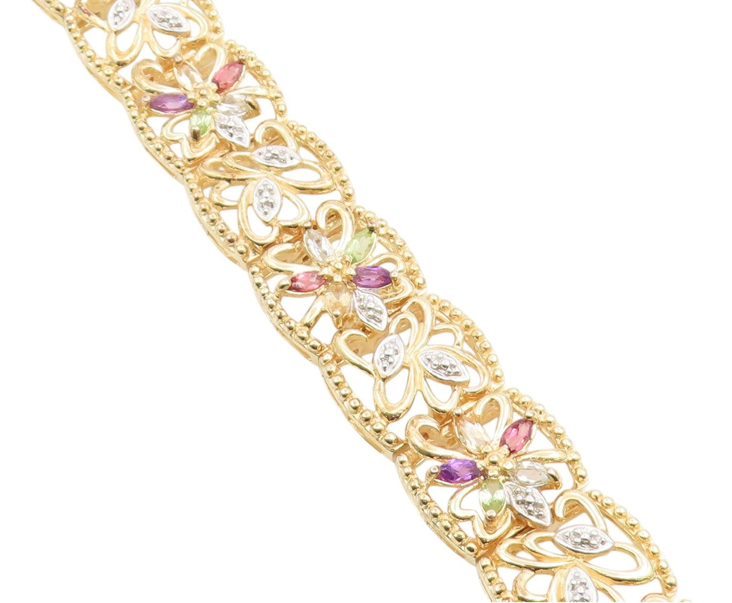 925 Sterling Silver Vintage Bracelet Gold Plated Gemstone Floral Link  BT12076
