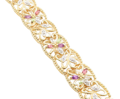 925 Sterling Silver Vintage Bracelet Gold Plated Gemstone Floral Link  BT12076