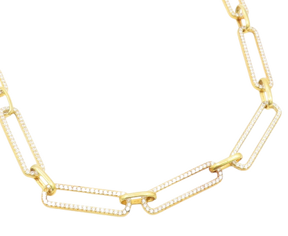 925 Sterling Silver Vintage Necklace Gold Plated CZ Paperclip Link Chain  NE4930