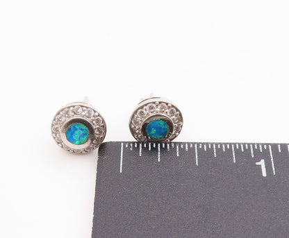 925 Sterling Silver Vintage Earrings Round Fire Opal & Halo CZ Studs  EG13702