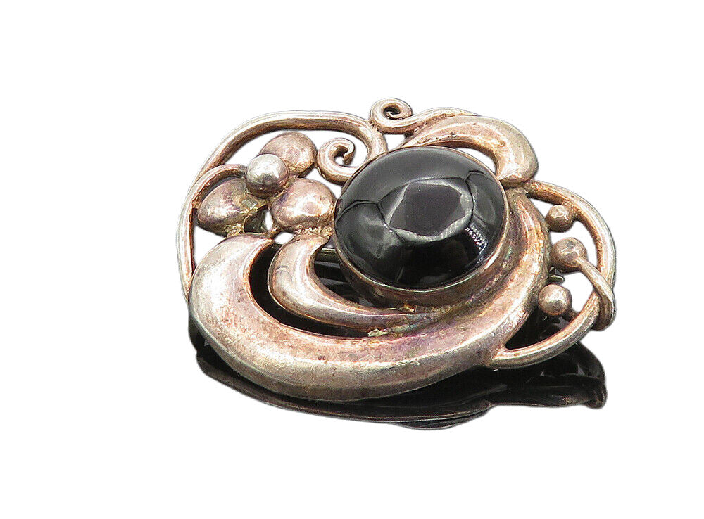 BOMA 925 Silver  Vintage Cabochon Cut Black Onyx Floral Brooch Pin  BP3059