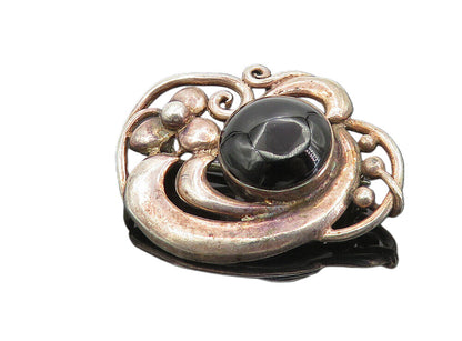 BOMA 925 Silver  Vintage Cabochon Cut Black Onyx Floral Brooch Pin  BP3059