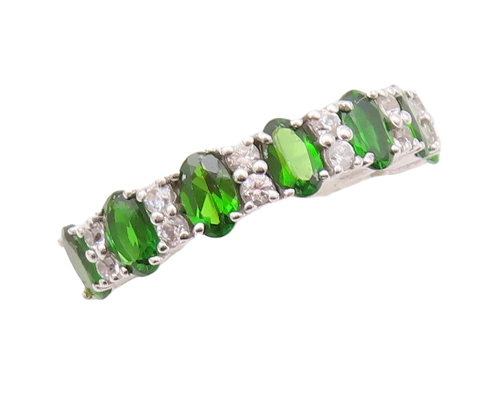 925 Sterling Silver Vintage Ring Oval Cut Green & White CZ Band Sz 7 RG30001