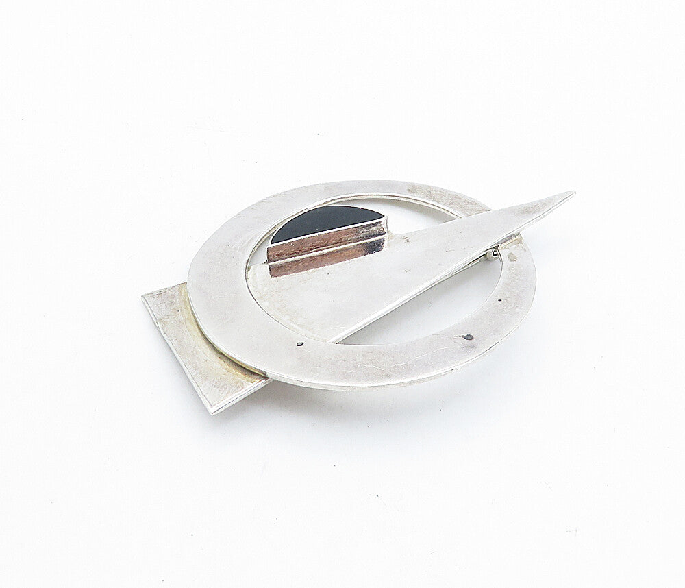 MEXICO 925 Sterling Silver  Vintage Black Onyx Modernist Brooch Pin  BP2620